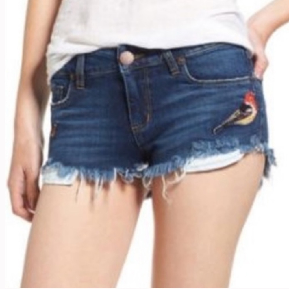 STS BLUE Denim Raw Hem Shorts with Butterfly & Bird Patch Embroidered. Size 28